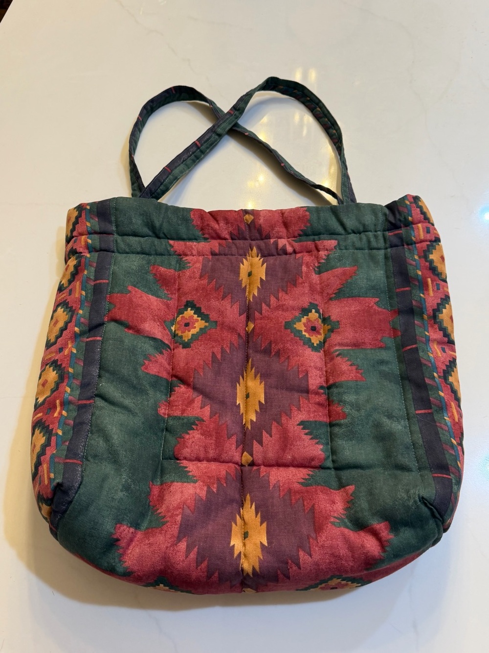 Quilted Southwestern Print Tote Bag in Deep Green and Burgundy